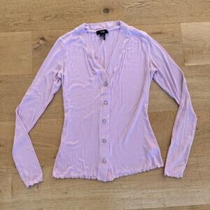 Paige - V Neck Button Front Long Sleeve Ribbed Cardigan in Pink